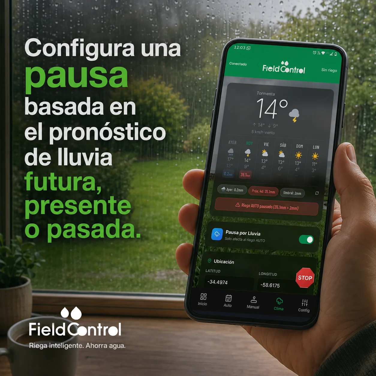 FieldControl Riego Inteligente y Clima - Pausa automática de riego basada en el pronóstico meteorológico de lluvia futura, presente o pasada