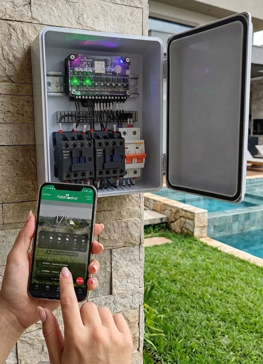 Instalación del programador de riego, llenado de tanque y piscina FieldControl en gabinete DIN